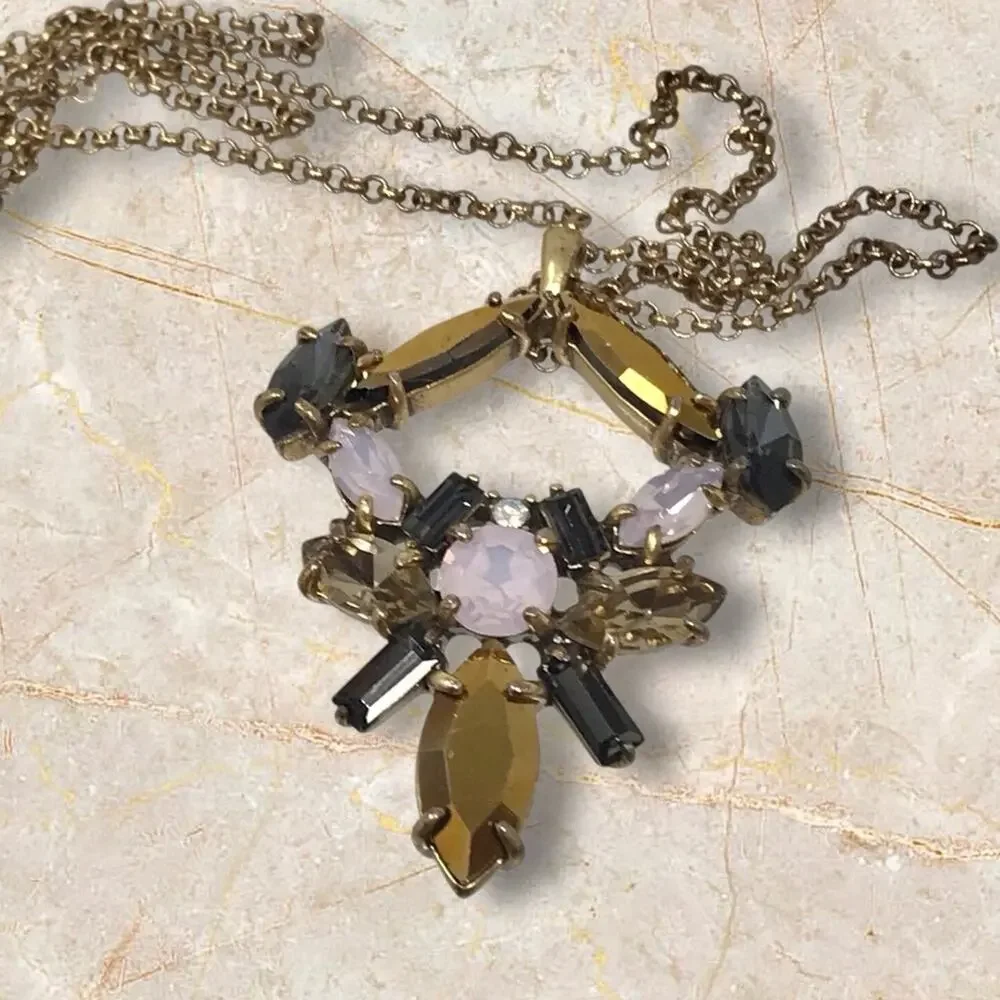 J Crew Gold-tone Pink & Black Pendant Necklace Vintage